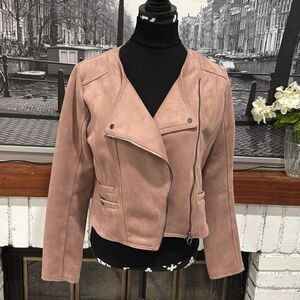Haute Monde Women Jacket Moto Large Light Blush Pink Full Zip Stretch Faux Suede